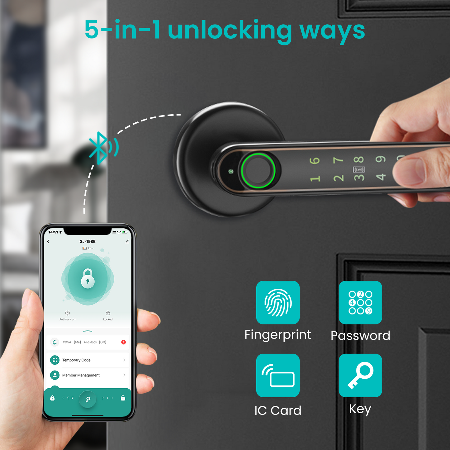 Smart Fingerprint Door Lock Knob, Keyless Entry Door Lock with Handle, 5 Ways Unlock, Black Gold