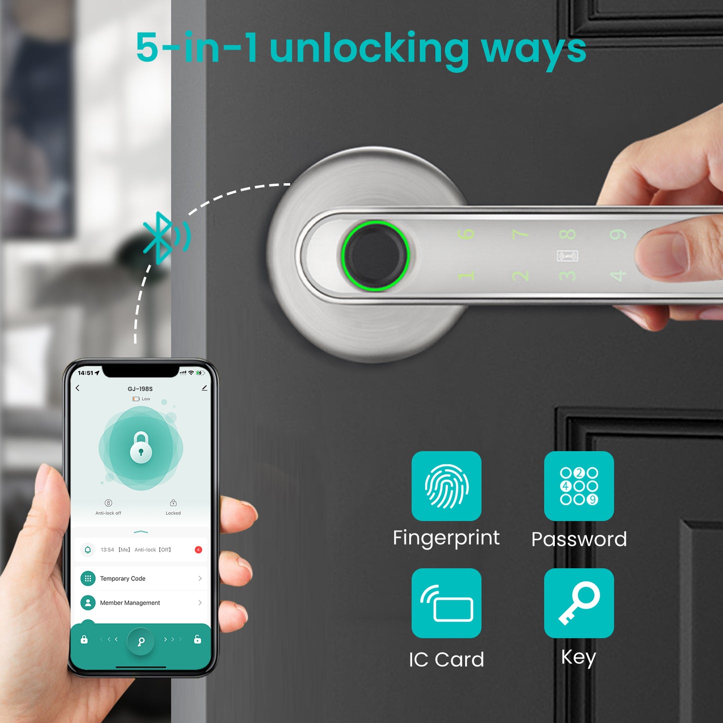 Smart Fingerprint Door Lock Knob, Keyless Entry Door Lock with Handle, 5 Ways Unlock, Silvery White