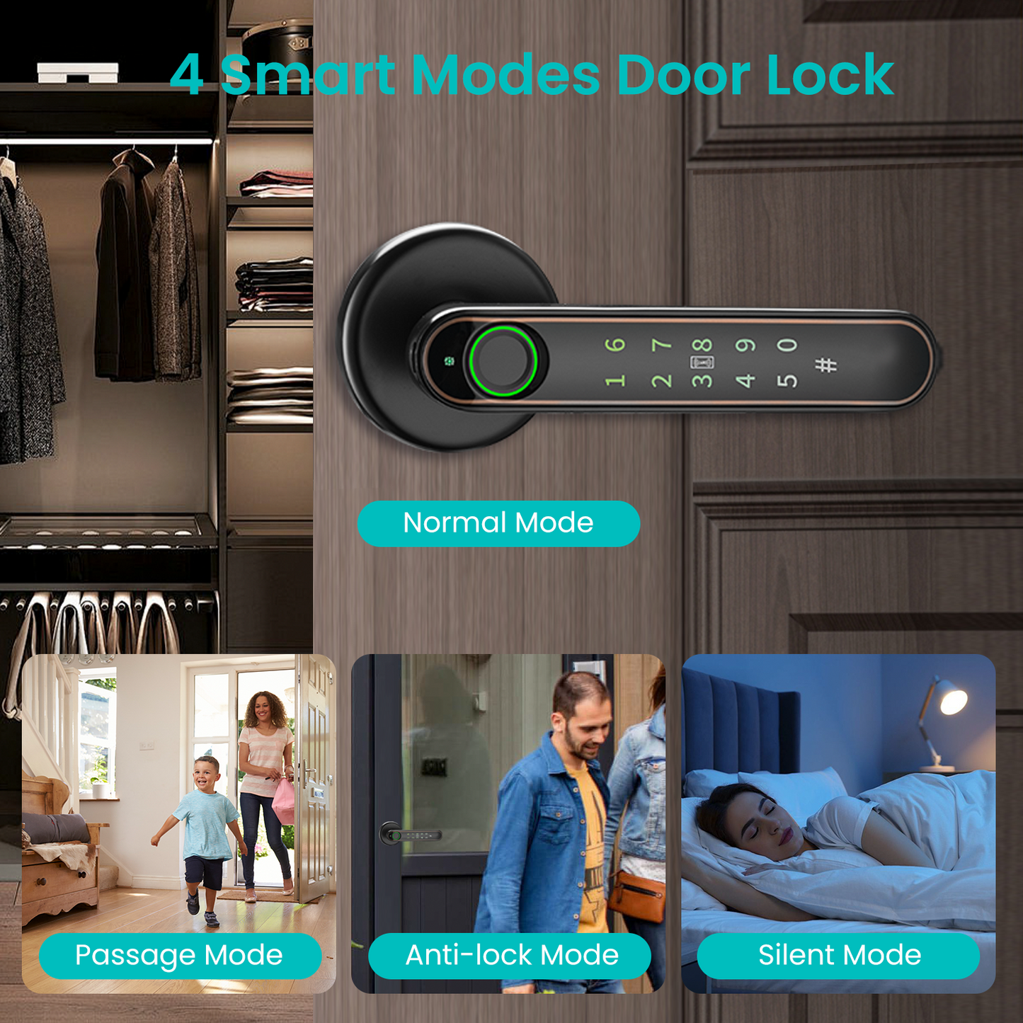 Smart Fingerprint Door Lock Knob, Keyless Entry Door Lock with Handle, 5 Ways Unlock, Black Gold