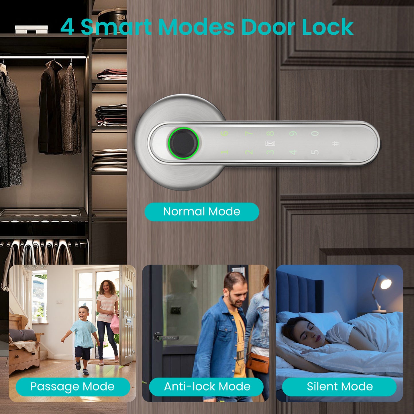Smart Fingerprint Door Lock Knob, Keyless Entry Door Lock with Handle, 5 Ways Unlock, Silvery White