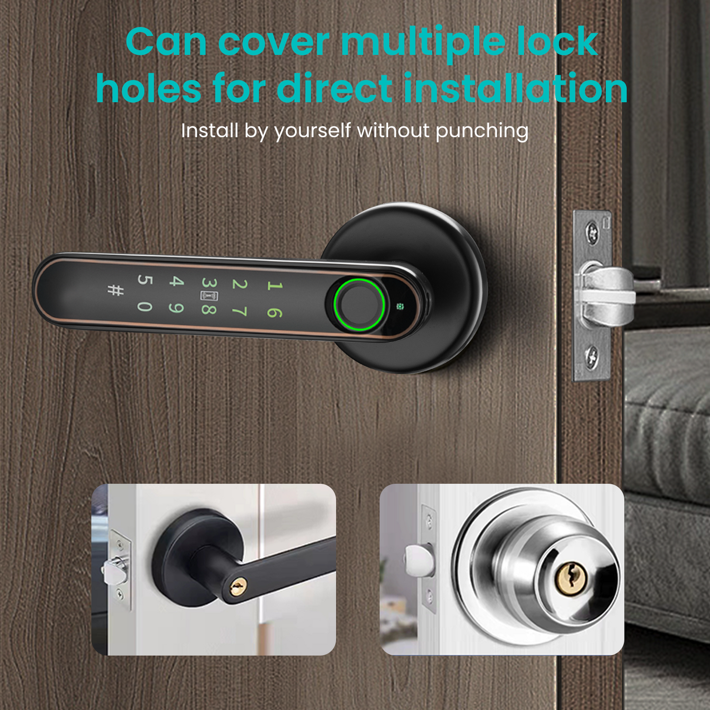 Smart Fingerprint Door Lock Knob, Keyless Entry Door Lock with Handle, 5 Ways Unlock, Black Gold