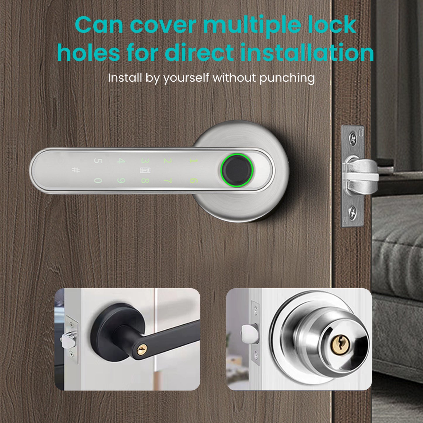 Smart Fingerprint Door Lock Knob, Keyless Entry Door Lock with Handle, 5 Ways Unlock, Silvery White